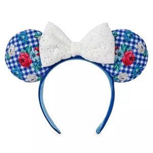 Disney Minnie Ear Headband - Cottage Floral Gingham With White Eyelet Bow 💙🤍